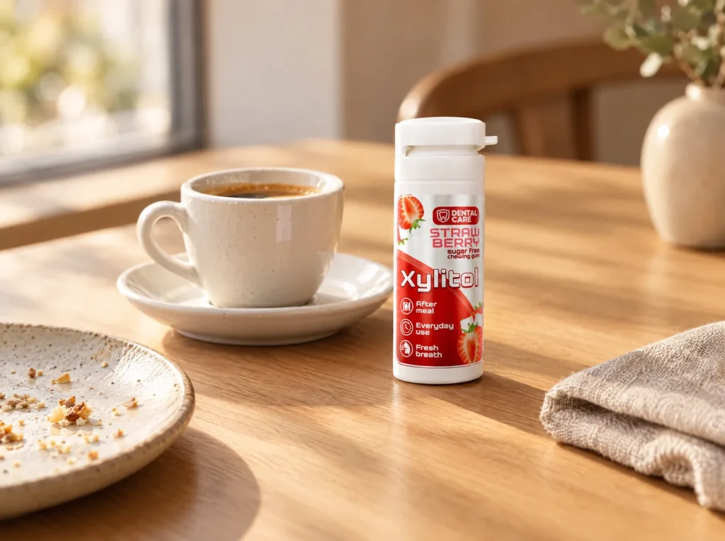 Dental Care Xylitol strawberry gum next to an espresso after lunch
