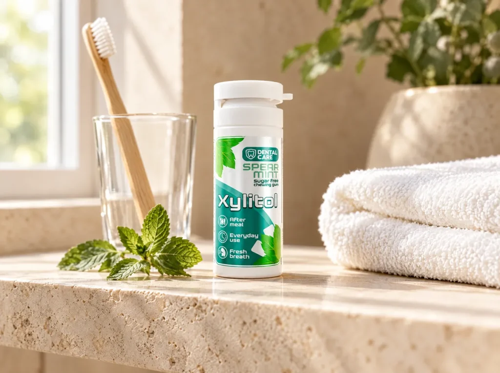 Dental Care Xylitol spearmint gum on a bathroom shelf next to a toothbrush
