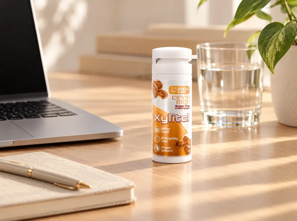 Dental Care Xylitol cinnamon gum on a work desk