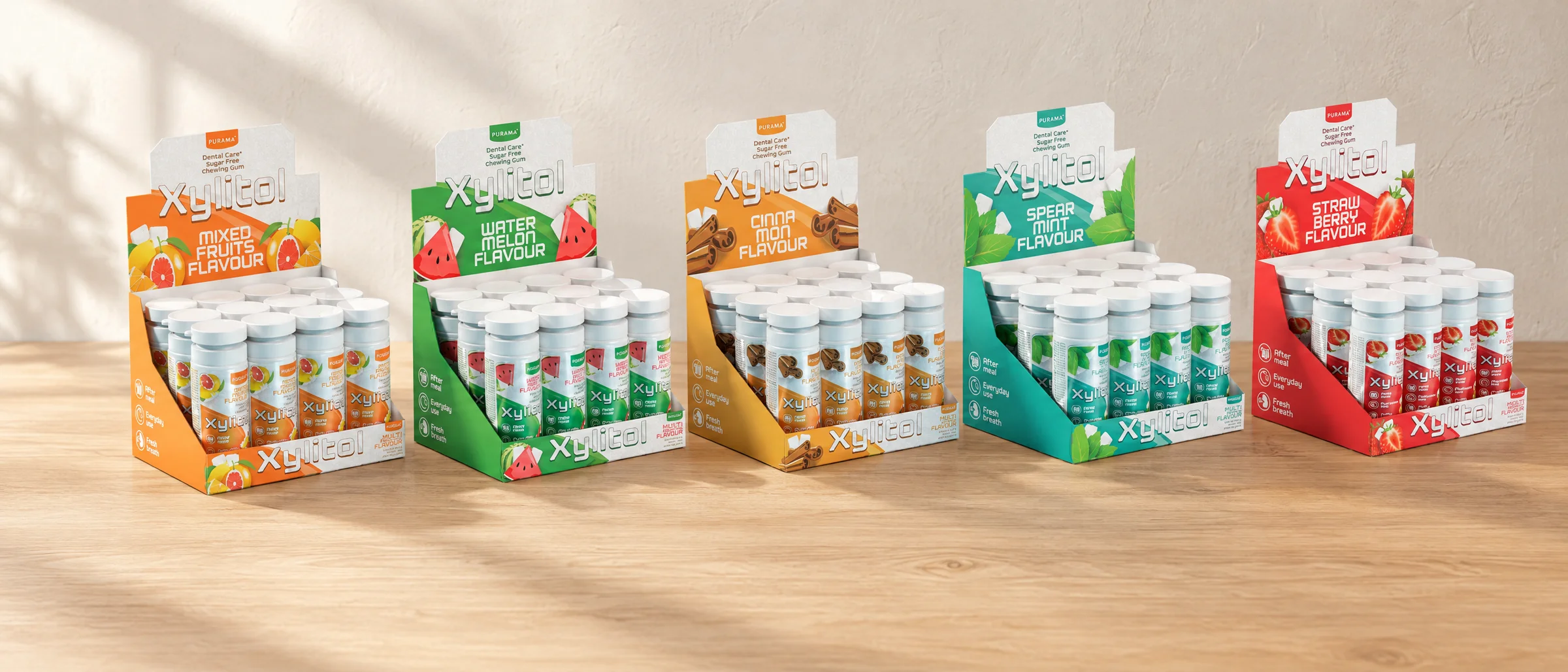 Counter display boxes of all five Dental Care Xylitol flavours