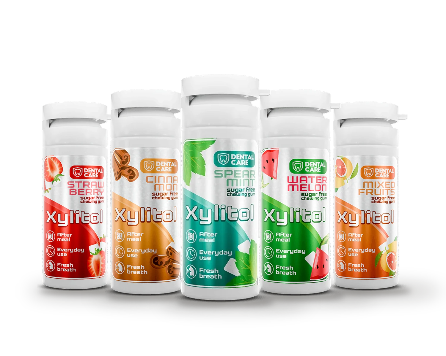 All five Dental Care Xylitol flavour tubes
