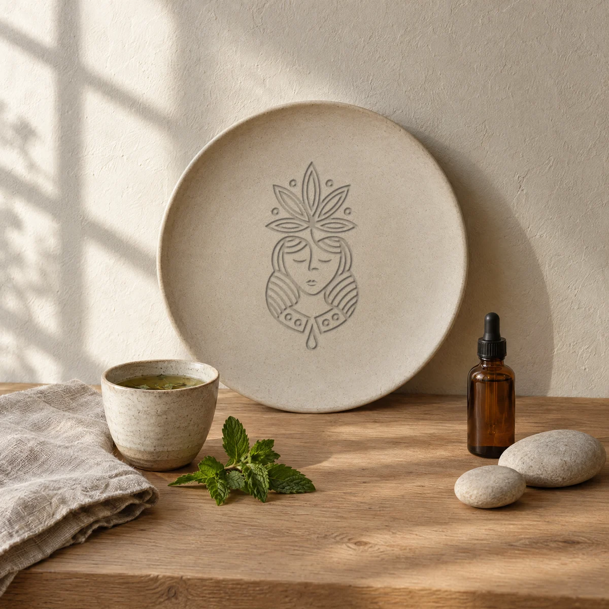 Purama Labs emblem pressed into a ceramic plate on a wooden table